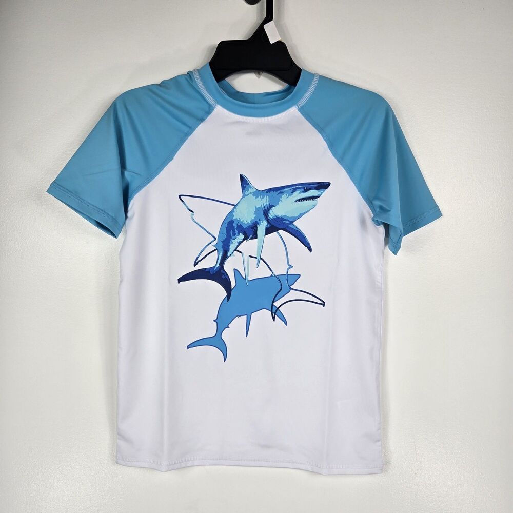 Land's End Boys Size‎ Medium (8) Rash Guard Short Sleeve Shirt Shark